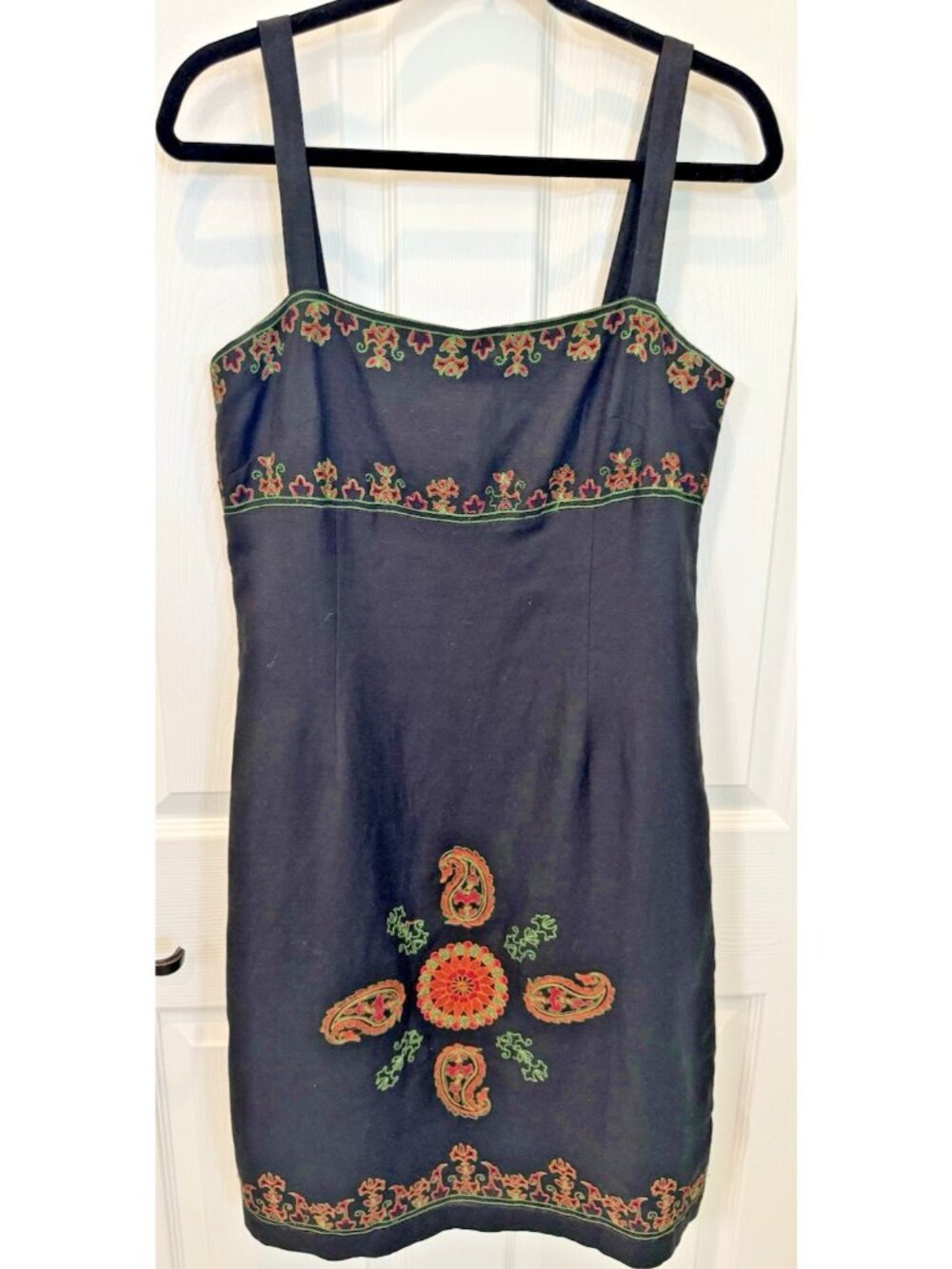 Yves Cossette Depeche Mode Black Linen Embroidered Floral Sundress 8 VTG